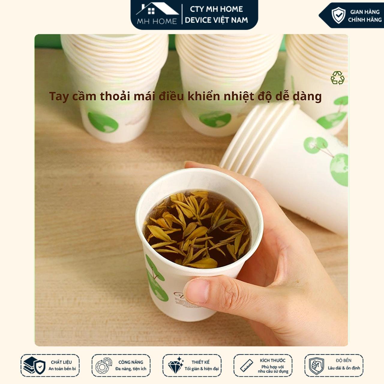 Cốc Giấy Dùng Một Lần 235ml Cao Cấp Dày Dặn An Toàn Thực Phẩm Uống Nóng Lạnh | MH Home